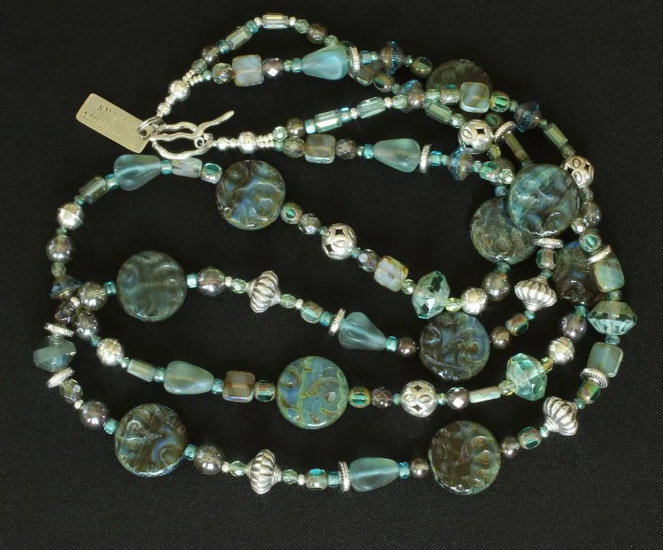 13-Style Mixed Czech Glass & Fire Polished Glass 2-Strand Necklace with Picasso Green Coin Beads, Aqua and Blue Saucer Beads, Matte Blue Glass Pyramids, and Ornate Sterling Silver Beads and Toggle Clasp