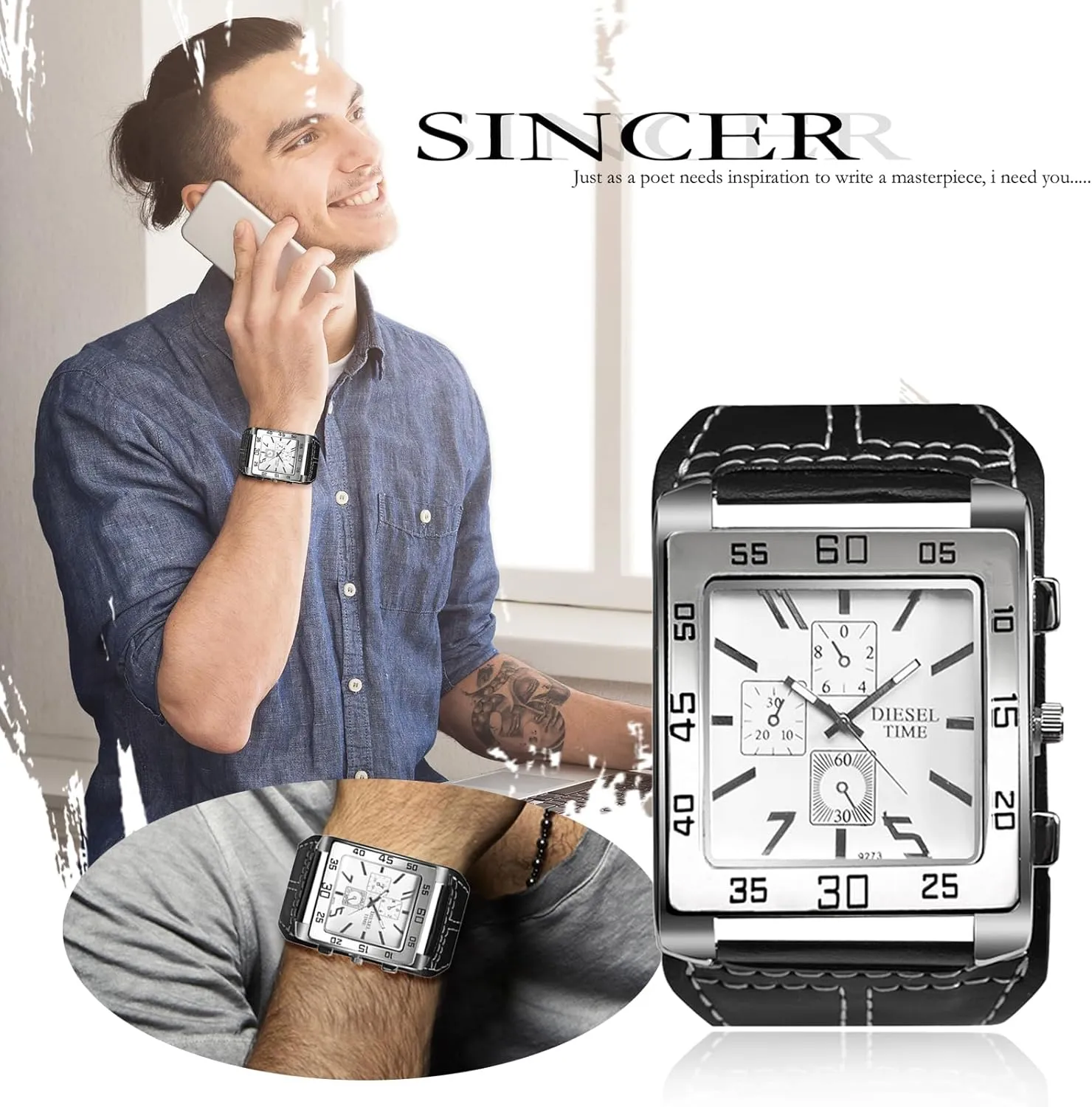 Avaner Men's Square Watch, Oversize Steampunk Watch, Leather Strap Big Face Watch