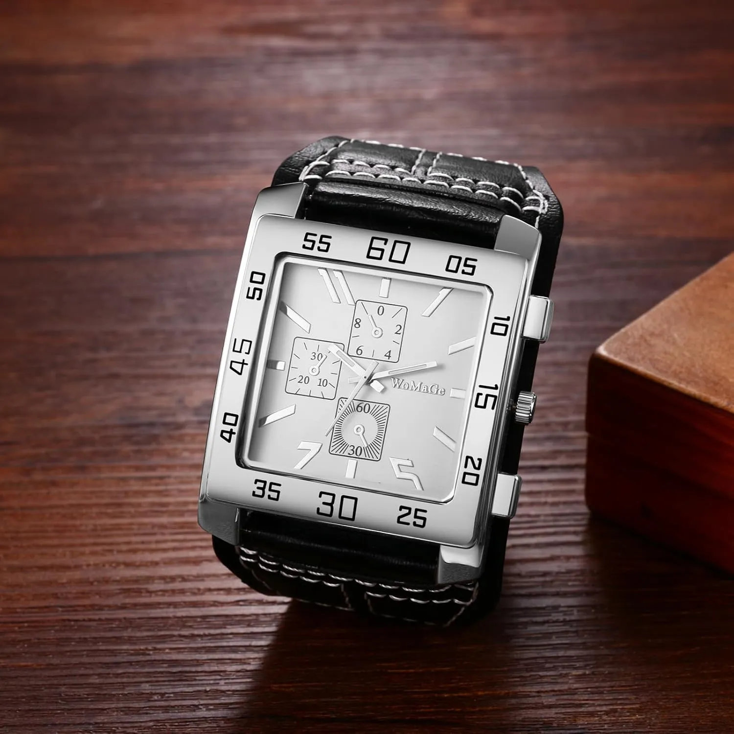 Avaner Men's Square Watch, Oversize Steampunk Watch, Leather Strap Big Face Watch