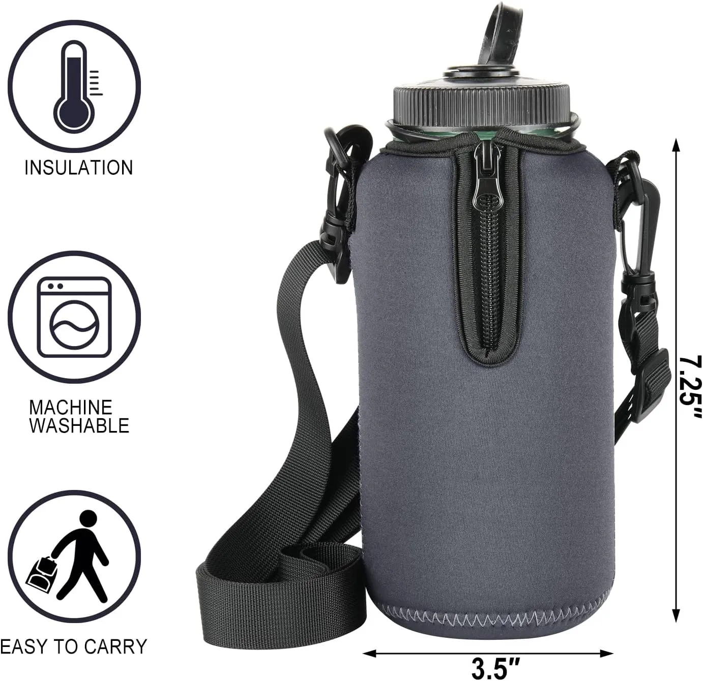 Beautyflier Neoprene Water Bottle Sleeve Insulator Cooler, Compatible with Nalgene Water Bottle 32 OZ, with Adjustable Shoulder Strap for Hydro Flask Wide Mouth Bottle 32oz, etc. (Gray)