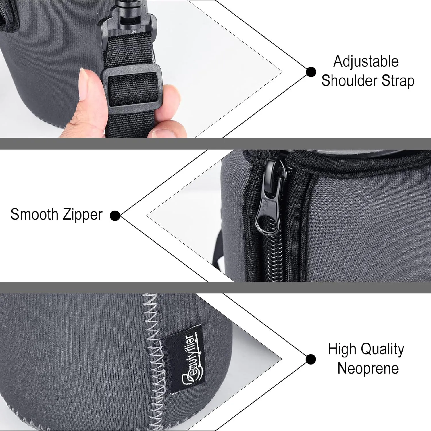 Beautyflier Neoprene Water Bottle Sleeve Insulator Cooler, Compatible with Nalgene Water Bottle 32 OZ, with Adjustable Shoulder Strap for Hydro Flask Wide Mouth Bottle 32oz, etc. (Gray)