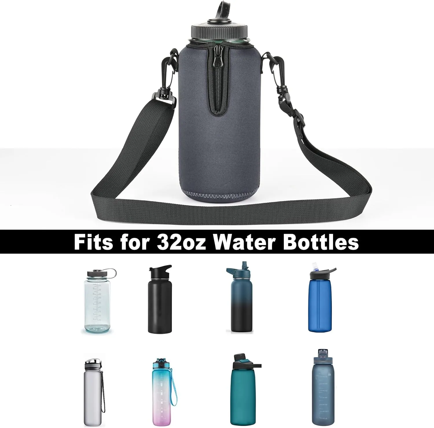 Beautyflier Neoprene Water Bottle Sleeve Insulator Cooler, Compatible with Nalgene Water Bottle 32 OZ, with Adjustable Shoulder Strap for Hydro Flask Wide Mouth Bottle 32oz, etc. (Gray)