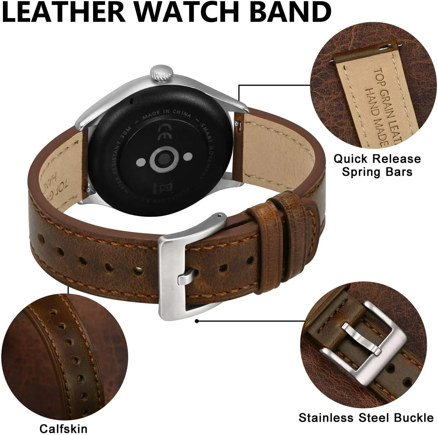 BISONSTRAP Leather Watch Straps, Classic Oil Waxed Leather, Quick Release Replacement Band for Men and Women, Band Width 18mm 20mm 22mm