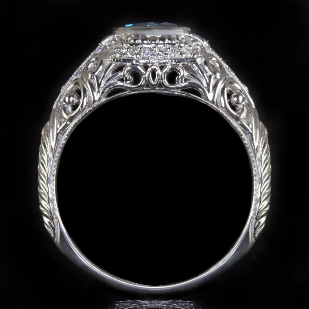BLUE DIAMOND VINTAGE STYLE RING 14k WHITE GOLD ROUND CUT NATURAL FILIGREE TEAL