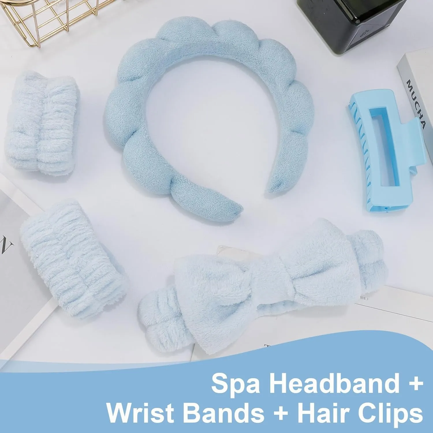 Canitor Spa Wrist Bands Set with Hair Clips and Skincare Headband for Washing Face, Puffy Makeup, Preppy Teen Girl Gifts - Cute Trendy Hair Accessories for Women (Blue)
