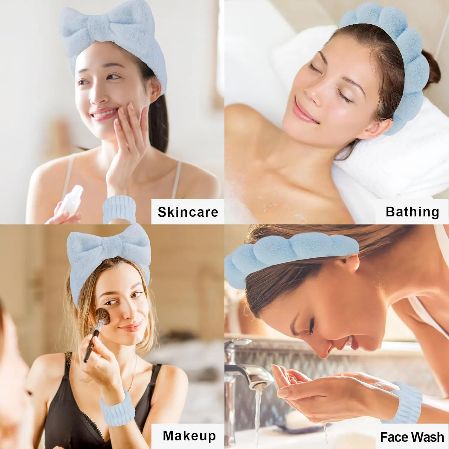 Canitor Spa Wrist Bands Set with Hair Clips and Skincare Headband for Washing Face, Puffy Makeup, Preppy Teen Girl Gifts - Cute Trendy Hair Accessories for Women (Blue)