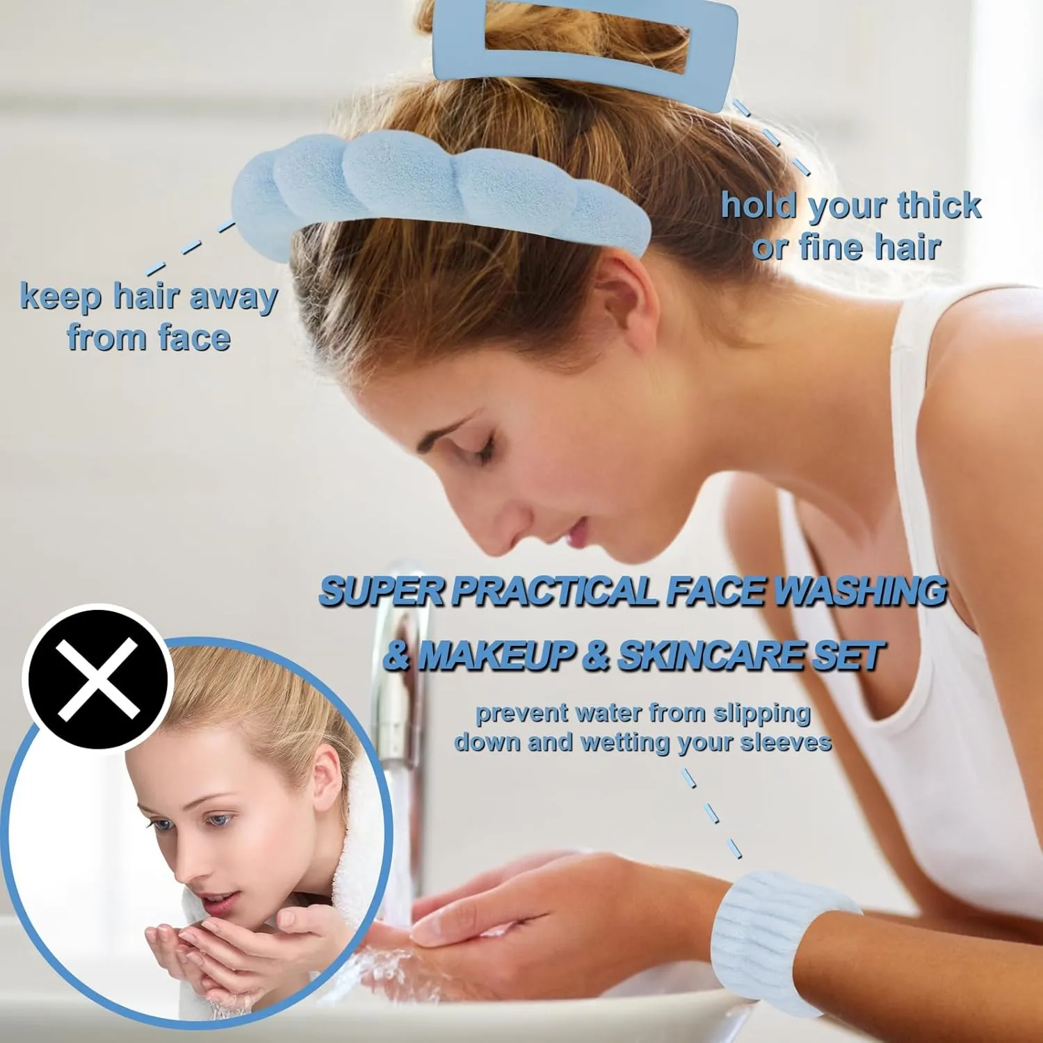 Canitor Spa Wrist Bands Set with Hair Clips and Skincare Headband for Washing Face, Puffy Makeup, Preppy Teen Girl Gifts - Cute Trendy Hair Accessories for Women (Blue)