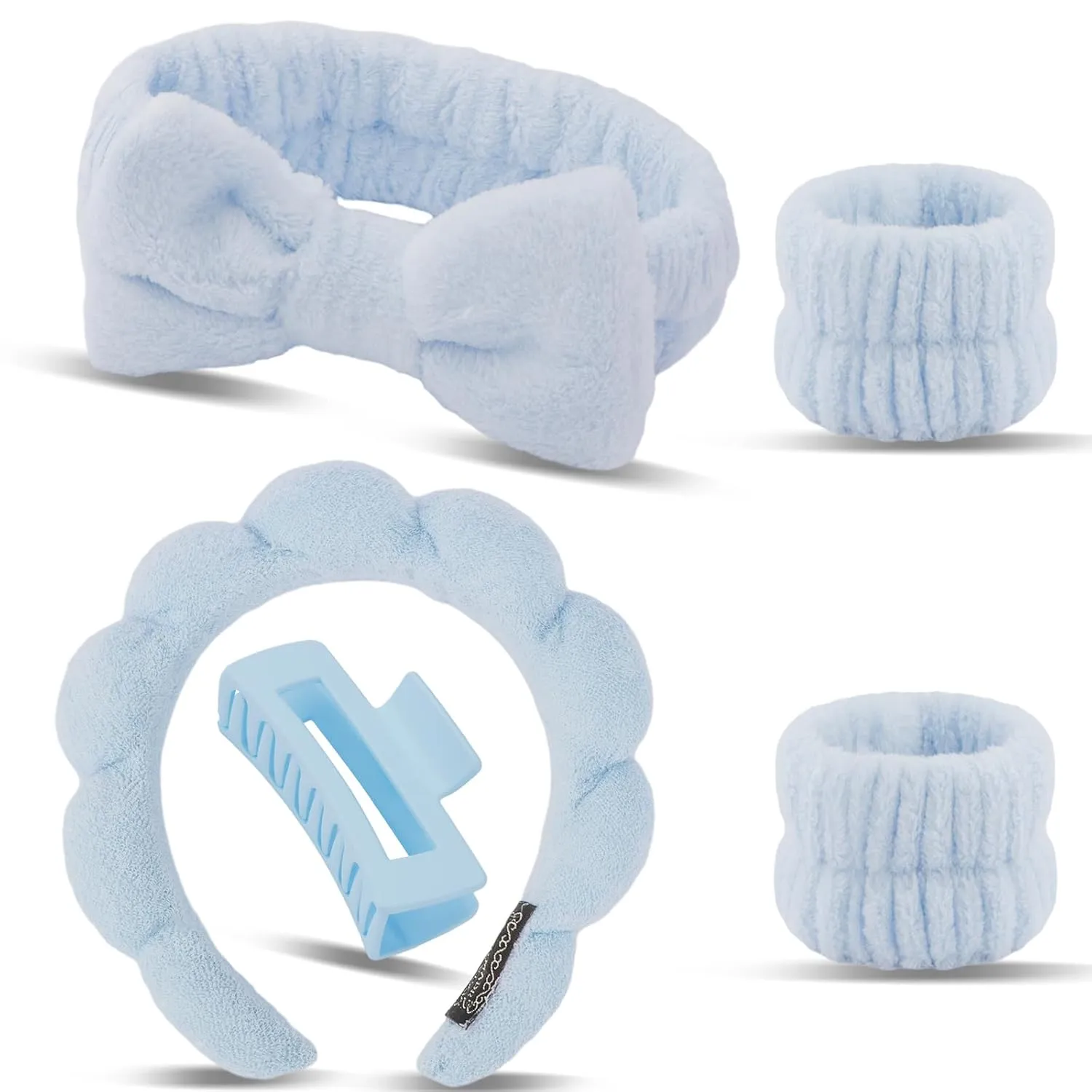 Canitor Spa Wrist Bands Set with Hair Clips and Skincare Headband for Washing Face, Puffy Makeup, Preppy Teen Girl Gifts - Cute Trendy Hair Accessories for Women (Blue)