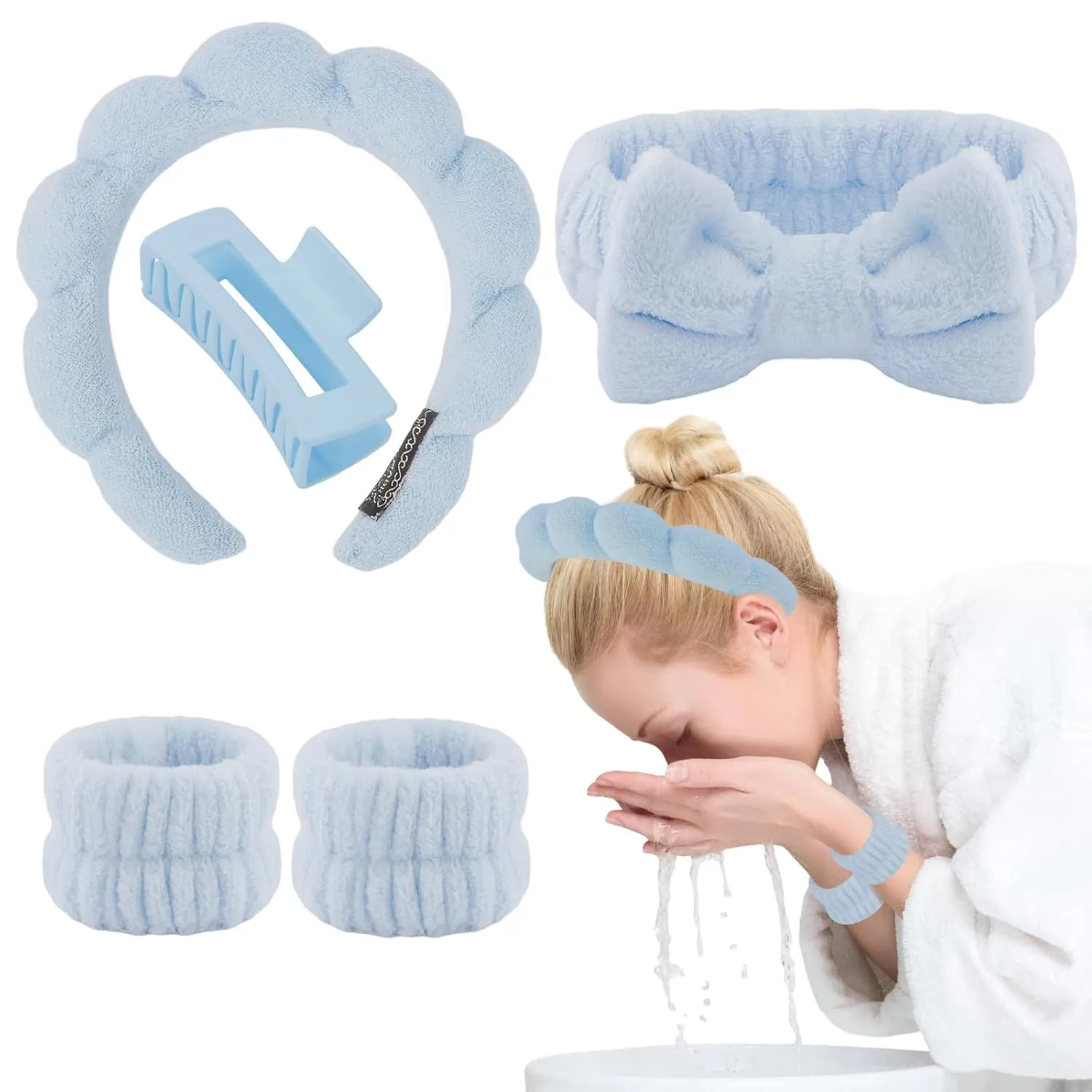 Canitor Spa Wrist Bands Set with Hair Clips and Skincare Headband for Washing Face, Puffy Makeup, Preppy Teen Girl Gifts - Cute Trendy Hair Accessories for Women (Blue)