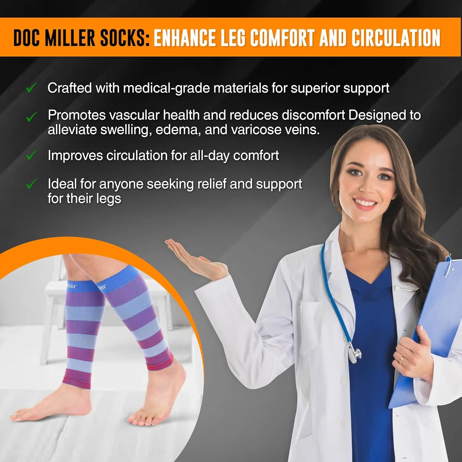 Doc Miller Compression Calf Sleeve for Men & Women, Premium Medical Grade, 20-30mmHg Graduated, Shin Splints, 1 Pair