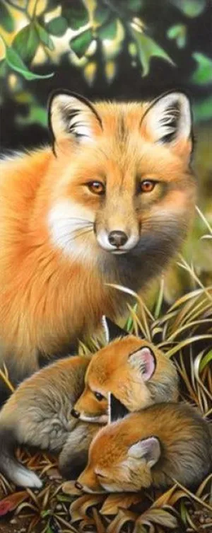 Fox And Pups | Fox Diamond Painting Kit | Full Round Drill 5D Rhinestones | DIY Animal Portrait