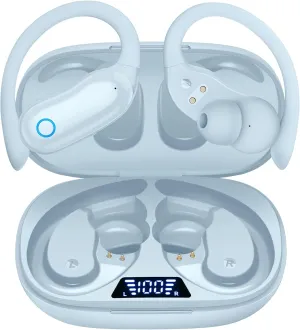 GNMN Ear Buds Wireless Earbuds 96hrs Playback Bluetooth Headphones IPX7 Waterproof Stereo Bass Over-Ear Earphones with Earhooks Microphone LED Battery Display for Sports/Workout/Gym/Running Smog Blue