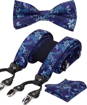 GUSLESON Adjustable Plaid Floral 6 Clips Y Shape Suspenders Pre-tied Bow Tie and Pocket Square Set with Gift Box