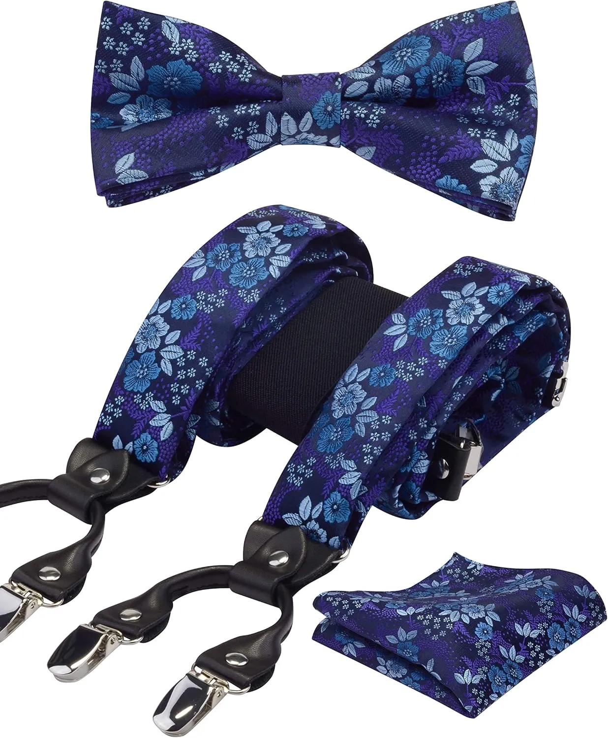 GUSLESON Adjustable Plaid Floral 6 Clips Y Shape Suspenders Pre-tied Bow Tie and Pocket Square Set with Gift Box