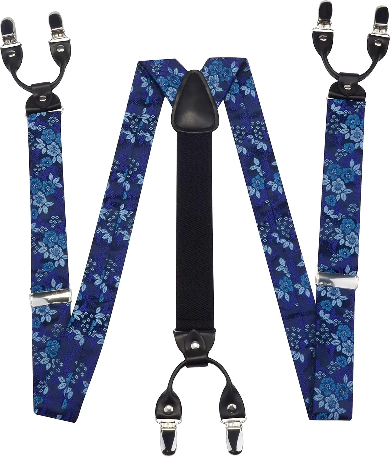 GUSLESON Adjustable Plaid Floral 6 Clips Y Shape Suspenders Pre-tied Bow Tie and Pocket Square Set with Gift Box