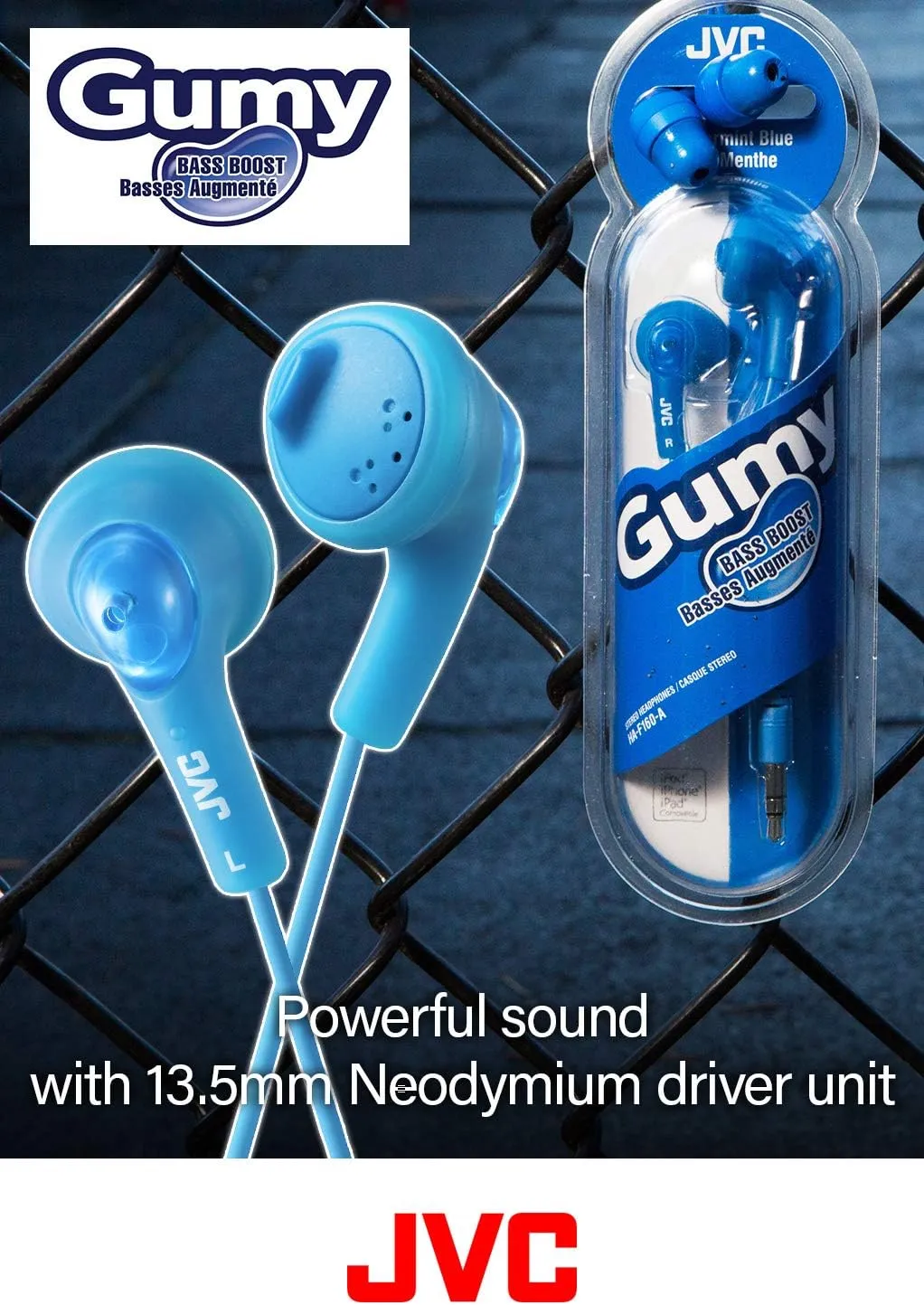 JVC Basic Gumy Earbuds Blue, Model Number: HA-F160-A, 3