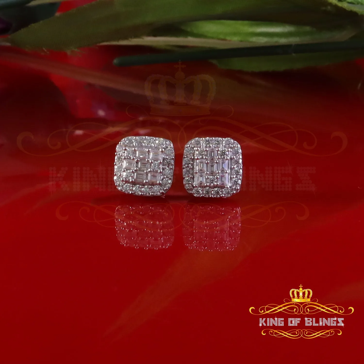 King of Bling's 925 White Silver 1.50ct VVS 'D' Baguette Moissanite Men's/Women's Stud Earrings