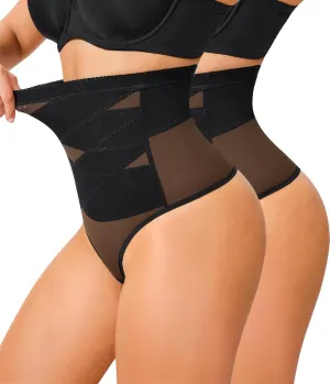 KUMAYES Tummy Control Shapewear Thong for Women - High Waisted Thong Compression Underwear Body Shaper Girdle Panty 2 Pack