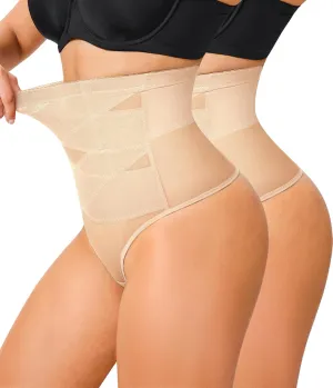KUMAYES Tummy Control Shapewear Thong for Women - High Waisted Thong Compression Underwear Body Shaper Girdle Panty 2 Pack