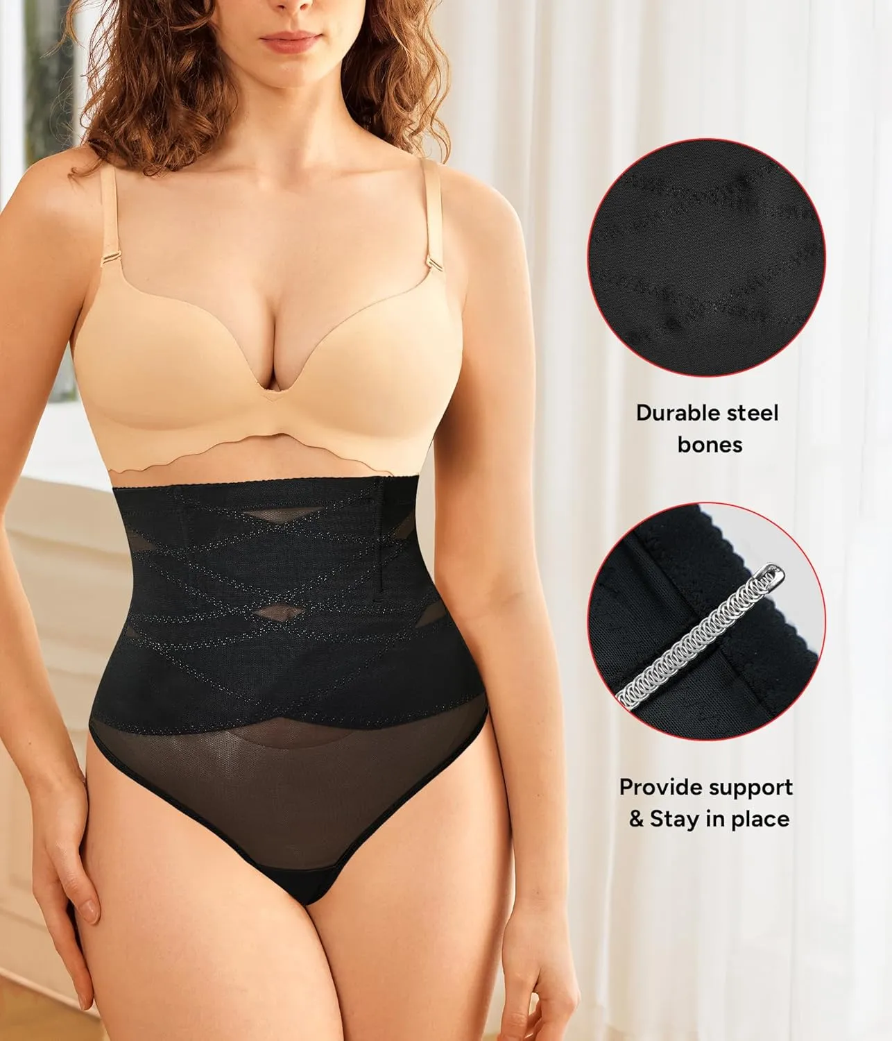 KUMAYES Tummy Control Shapewear Thong for Women - High Waisted Thong Compression Underwear Body Shaper Girdle Panty 2 Pack