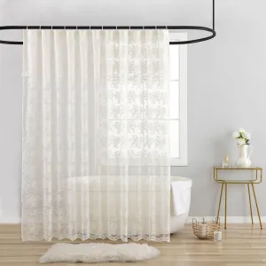 Lace Vintage Shower Curtain with Attached Valance, Crochet Rustic Floral Sheer Shower Curtain for Bathroom, Scalloped Edge Reinforced Holes Top Ivory Shower Curtain, 72 x 72 Inch, 1 Panel