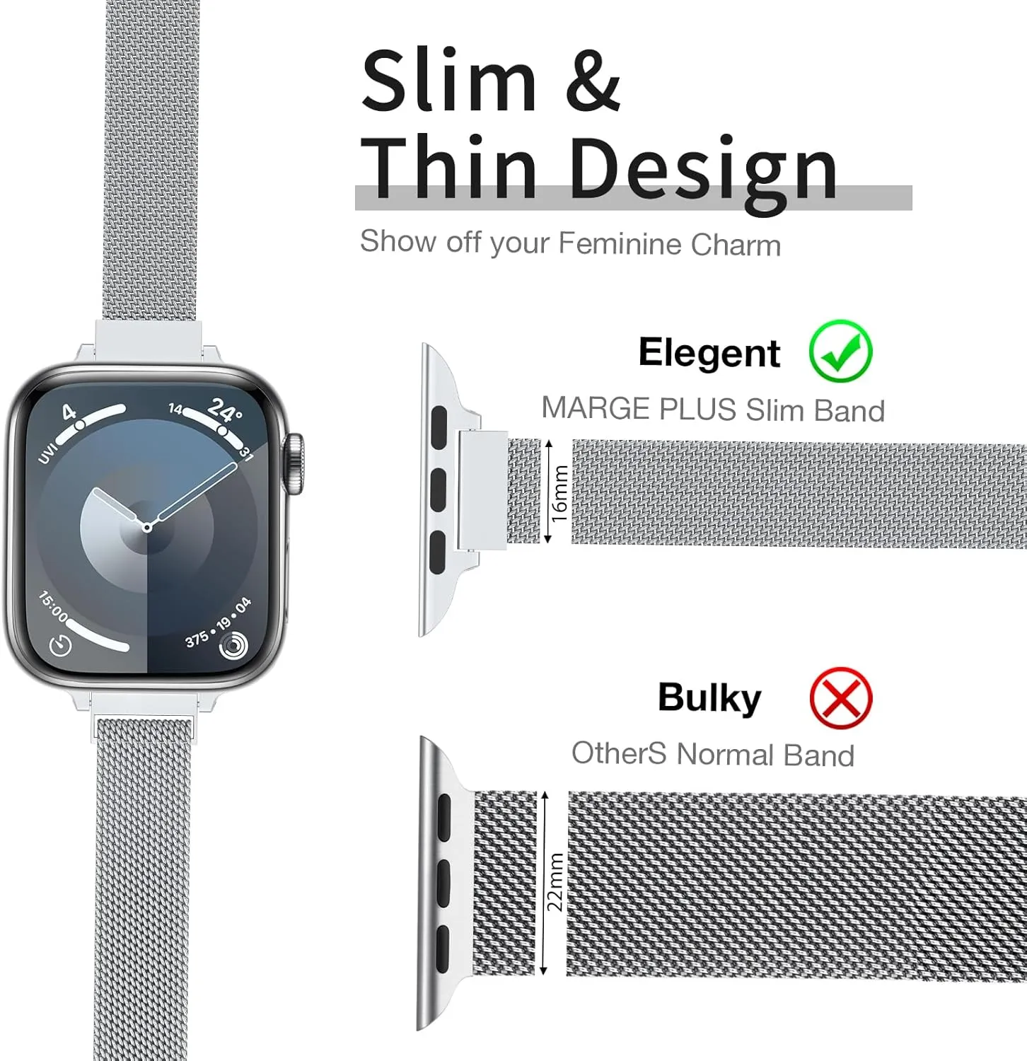 MARGE PLUS Slim Milanese Loop Compatible with Apple Watch Band for women 40mm 41mm 38mm 42mm, Stainless Steel Strap work on iWatch Series10 9 8 7 6 5 4 3 2 1 SE