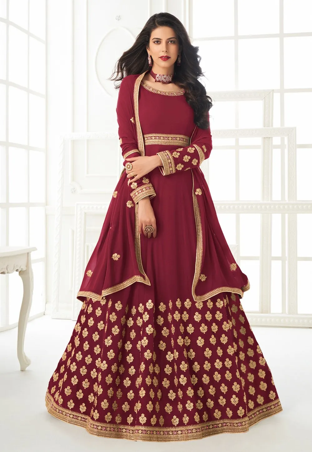 Maroon Faux Georgette Embroidered Anarkali Suit