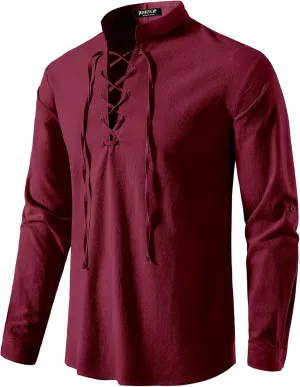 Men's Pure Cotton Retro Lace Up Shirts for Renaissance Pirate Viking Medieval