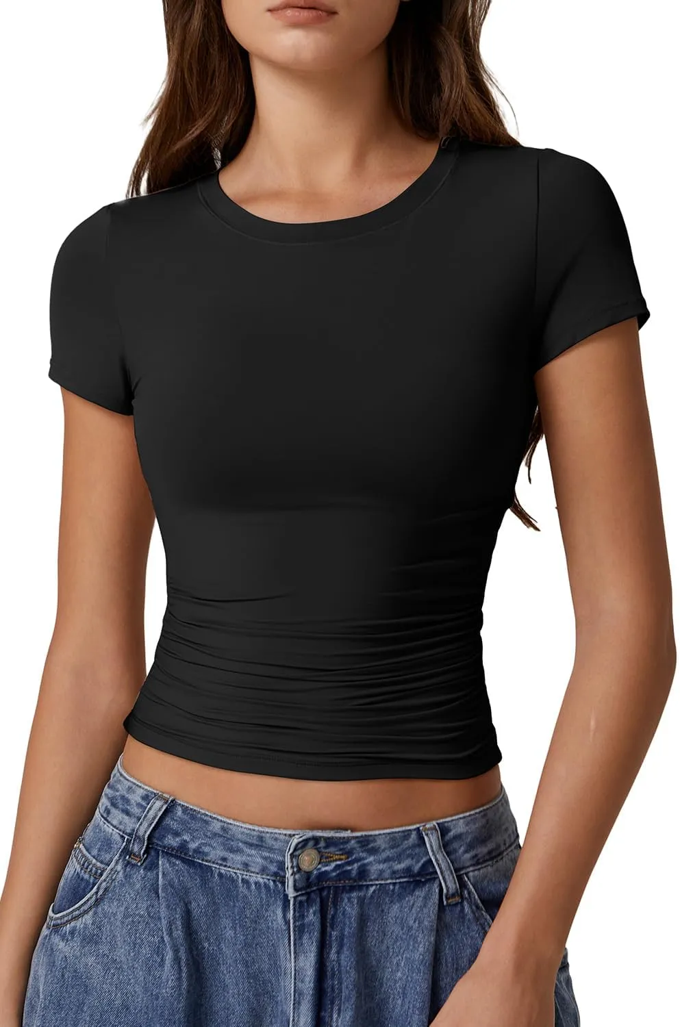 QINSEN Short Sleeve Shirts for Women Round Neck Basic Double Lined Tees Fitted Y2k Crop Tops