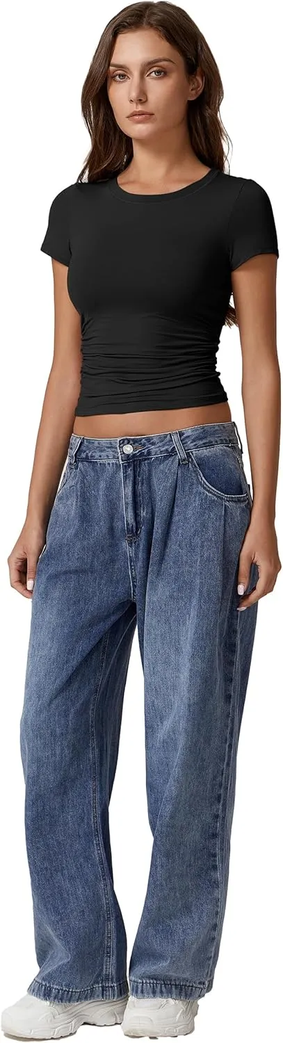QINSEN Short Sleeve Shirts for Women Round Neck Basic Double Lined Tees Fitted Y2k Crop Tops