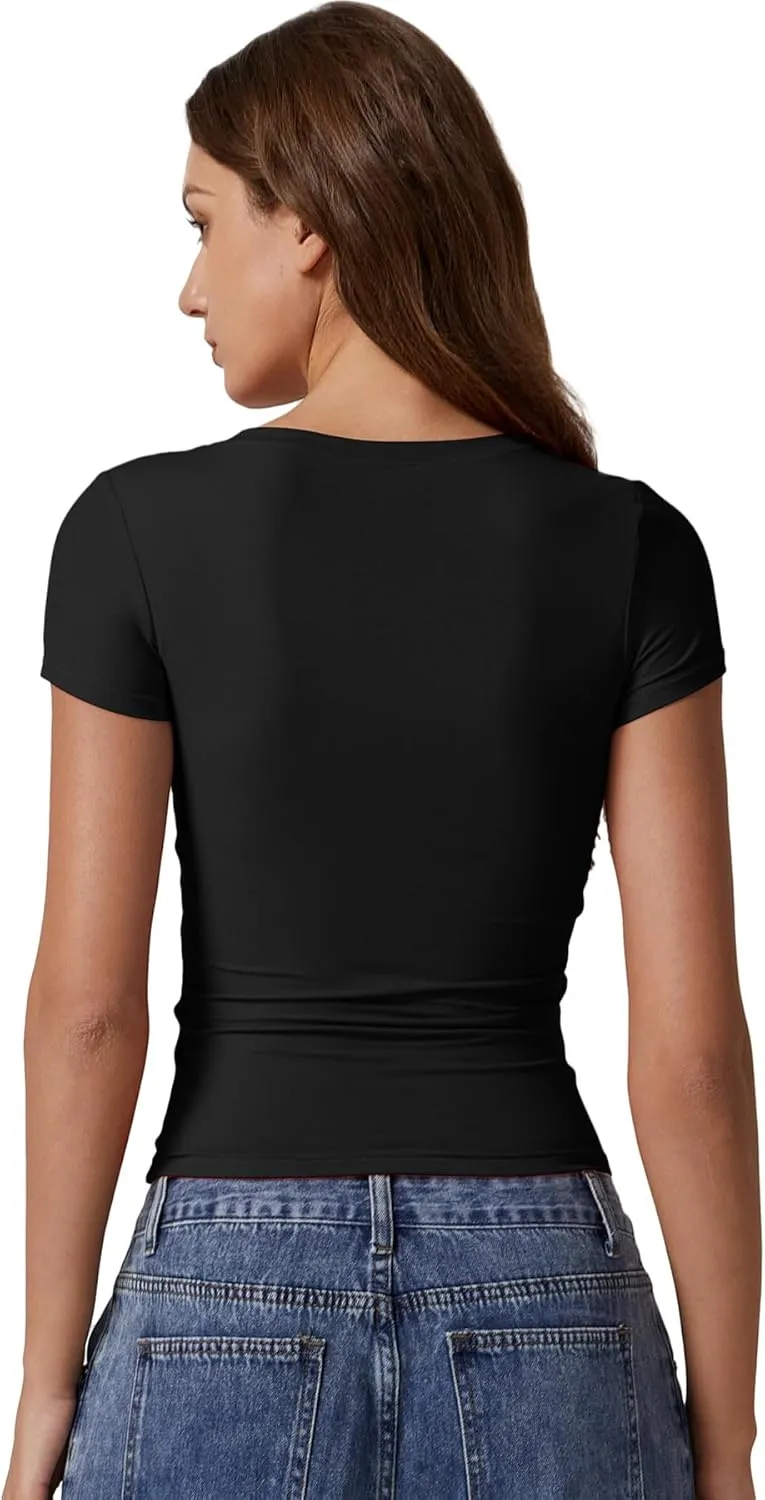QINSEN Short Sleeve Shirts for Women Round Neck Basic Double Lined Tees Fitted Y2k Crop Tops