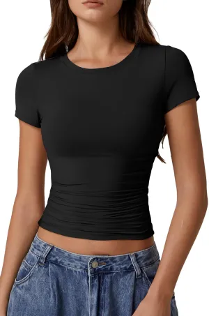 QINSEN Short Sleeve Shirts for Women Round Neck Basic Double Lined Tees Fitted Y2k Crop Tops