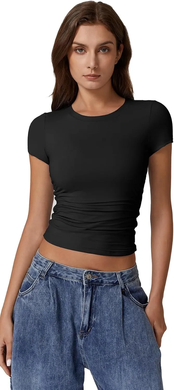 QINSEN Short Sleeve Shirts for Women Round Neck Basic Double Lined Tees Fitted Y2k Crop Tops