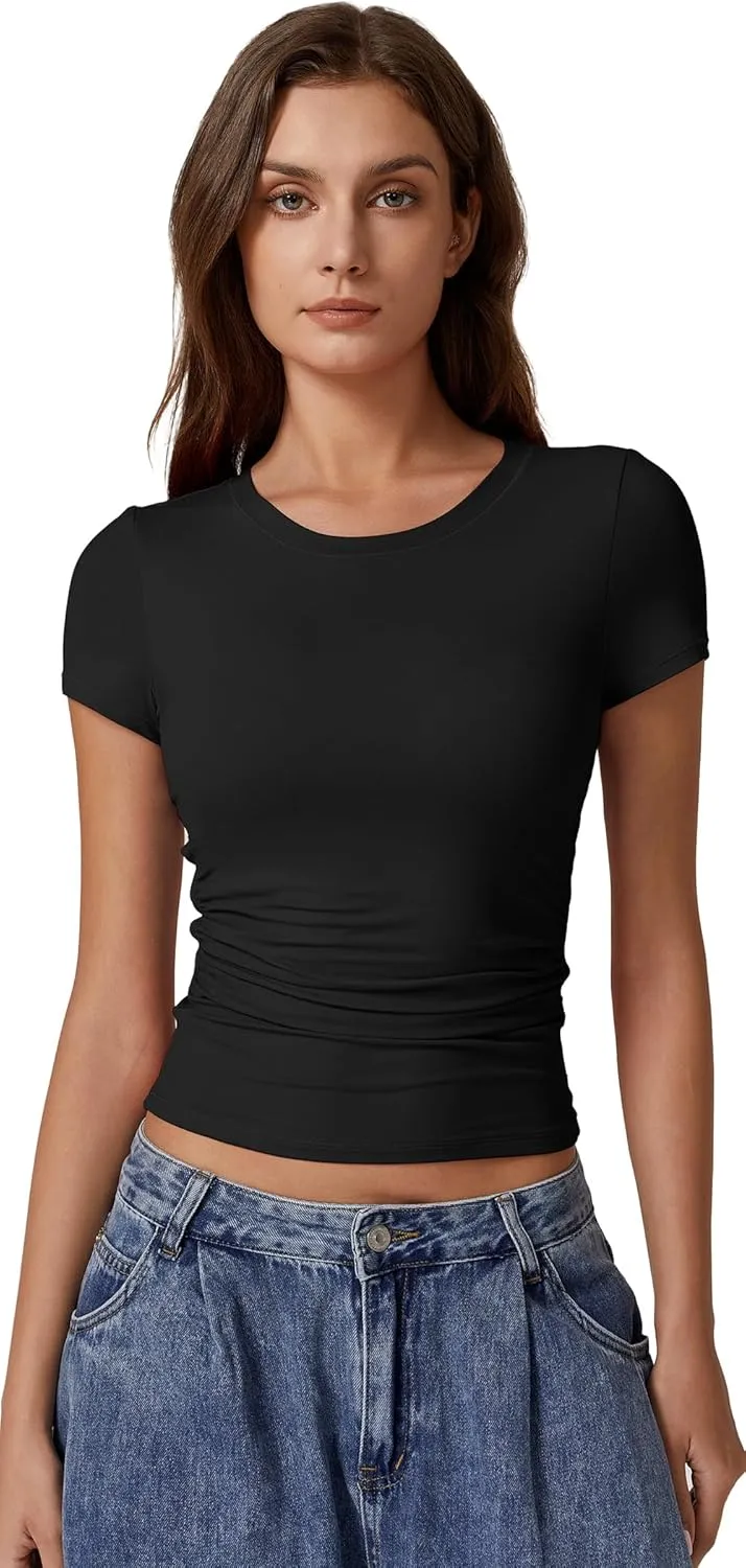 QINSEN Short Sleeve Shirts for Women Round Neck Basic Double Lined Tees Fitted Y2k Crop Tops