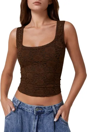 QINSEN Womens Lace Trim Square Neck Sleeveless Tank Tops Double-Layer Slim Fit T Shirt Crop Tops