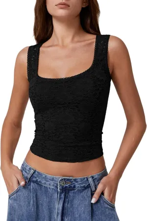 QINSEN Womens Lace Trim Square Neck Sleeveless Tank Tops Double-Layer Slim Fit T Shirt Crop Tops