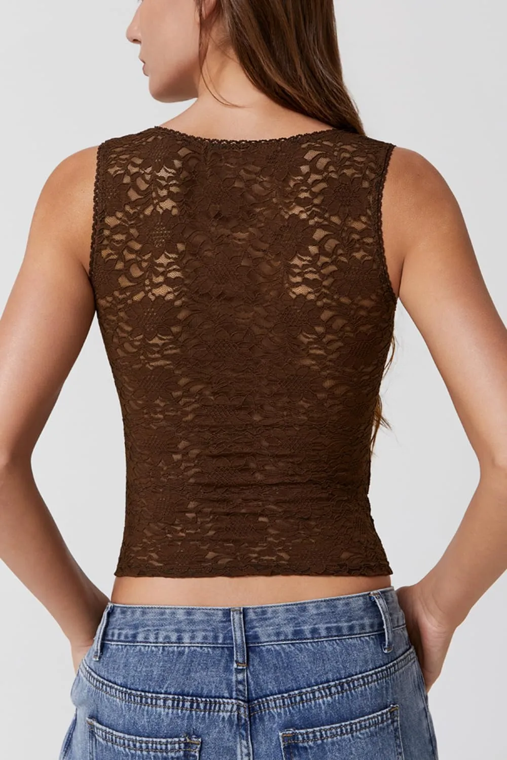 QINSEN Womens Lace Trim Square Neck Sleeveless Tank Tops Double-Layer Slim Fit T Shirt Crop Tops