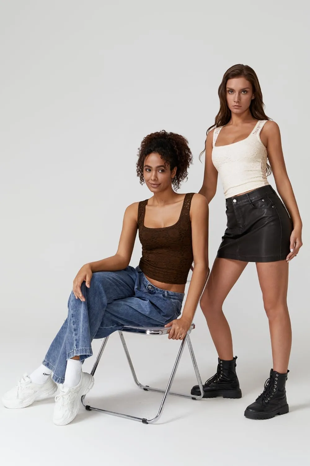 QINSEN Womens Lace Trim Square Neck Sleeveless Tank Tops Double-Layer Slim Fit T Shirt Crop Tops