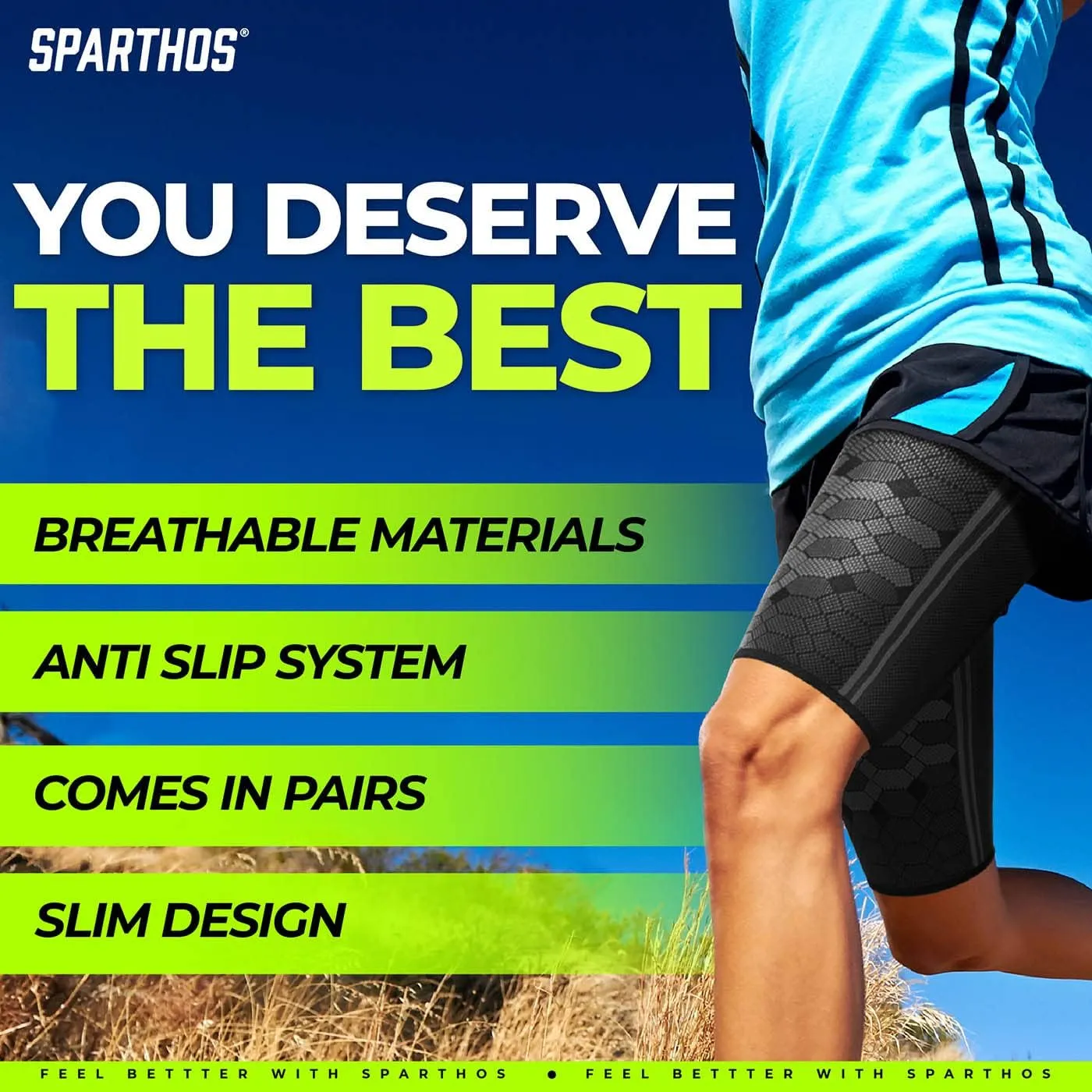 Sparthos Thigh Compression Sleeves (Pair)  Quad and Hamstring Support  Upper Leg Sleeves for Men and Women  Made from Innovative Breathable Elastic Blend  Anti Slip