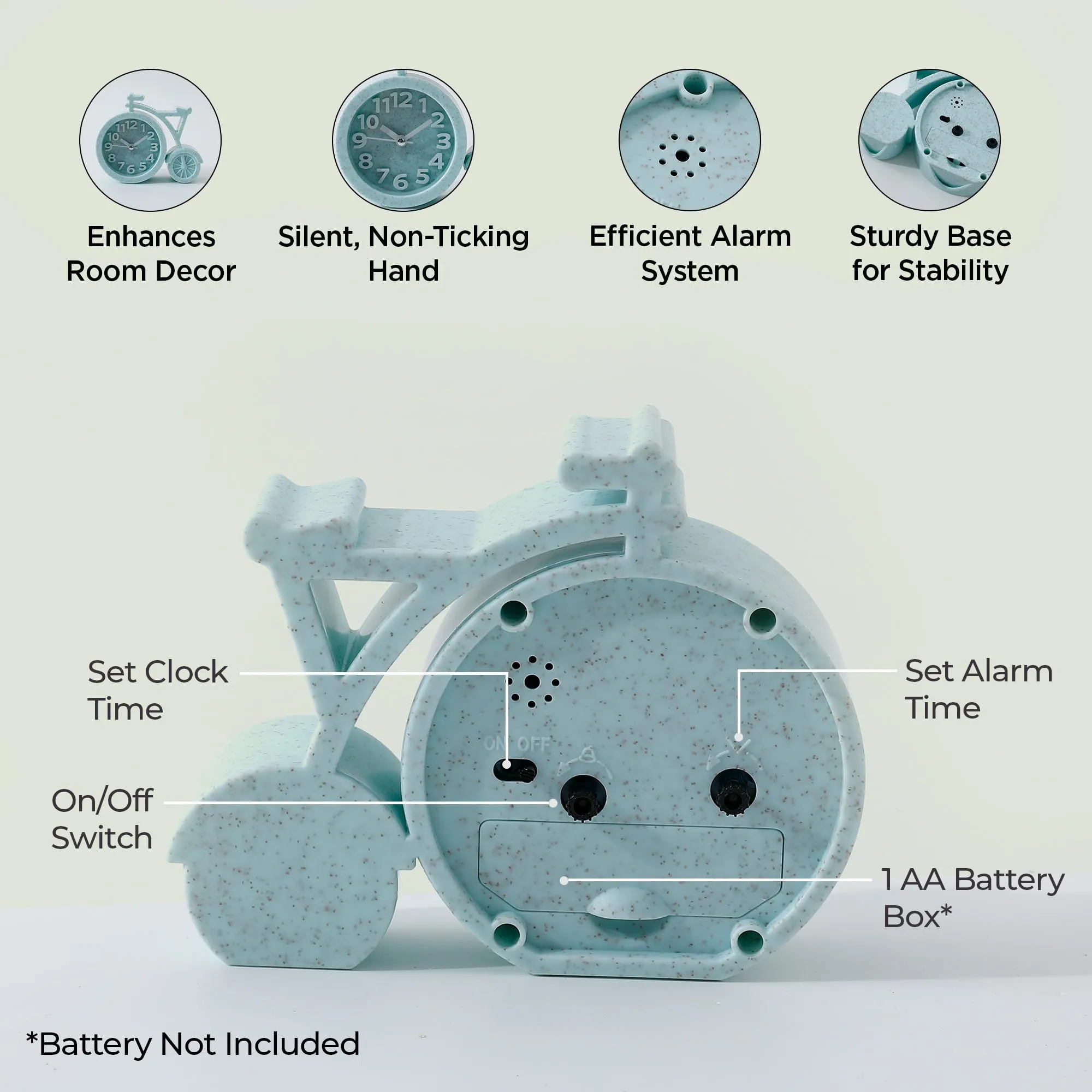 UMAI Alarm Clock (13cm) |Alarm Clock For Students |Loud Alarm Clock For Heavy Sleepers |Mini Alarm Clock For Kids |Alarm Clock For Bedroom |Table Watch| Cycle Shaped Table Clock For Study Table -Green