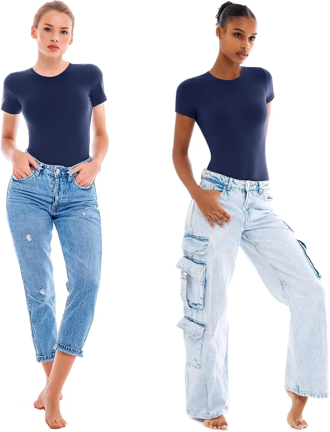 Walifrey Short Sleeve Bodysuits for Women Round Neck Basic Stretchy T Shirts Bodysuits Tops
