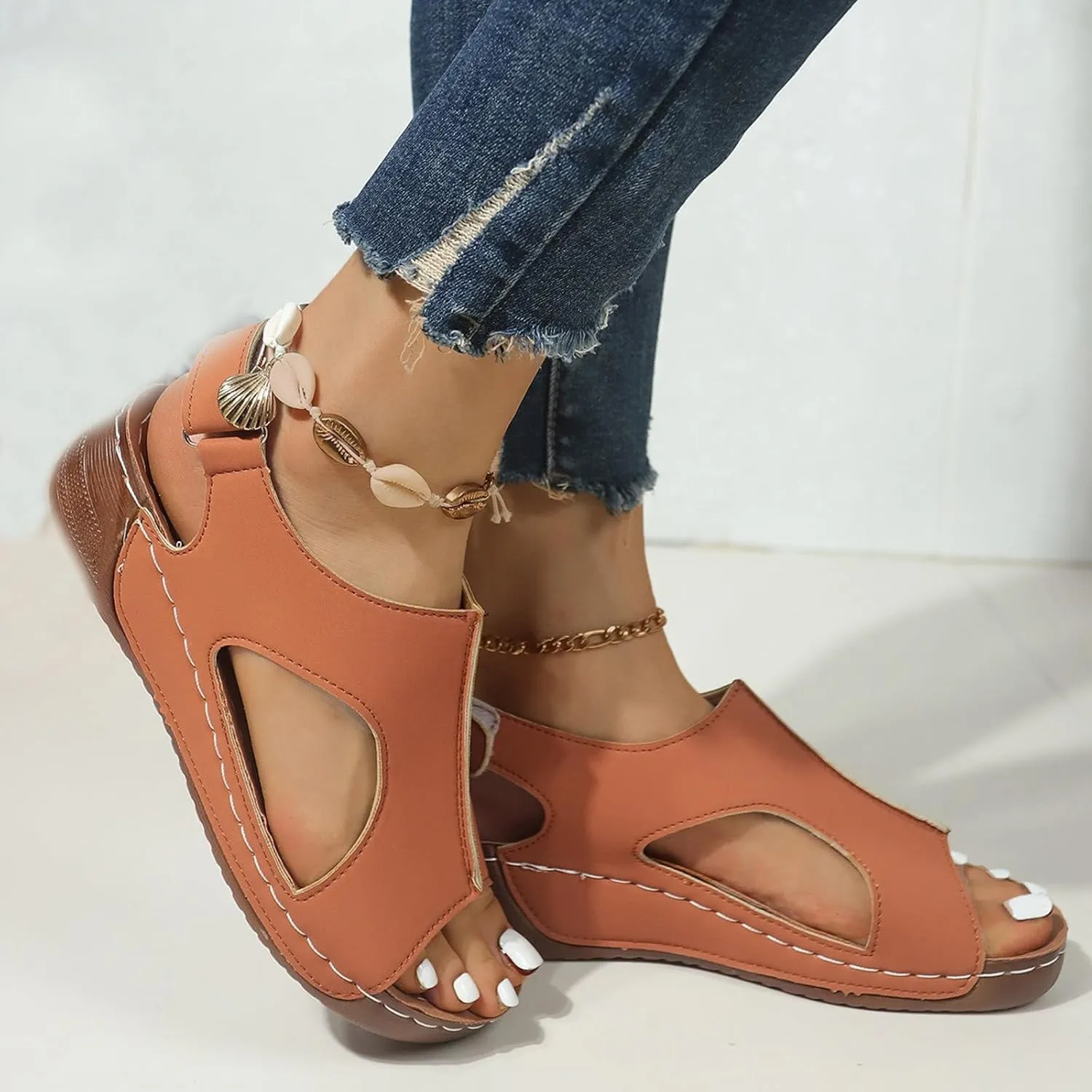 Wedge Sandals for Women Adjustable Buckle Ankle Strap Sandals Open Toe Platform Leather Sandal Cushion Slip-On Summer Shoes Casual Boho Fashion Orthotic Sandal 2025