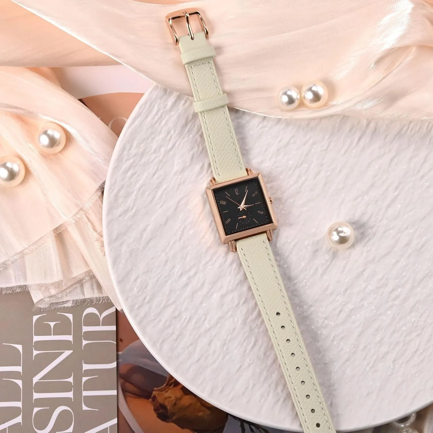 WOCCI 12mm Grace Watch Band for Ladies, Top Grain Leather, Quick Release Replacement Strap with Gold Buckle (Beige)