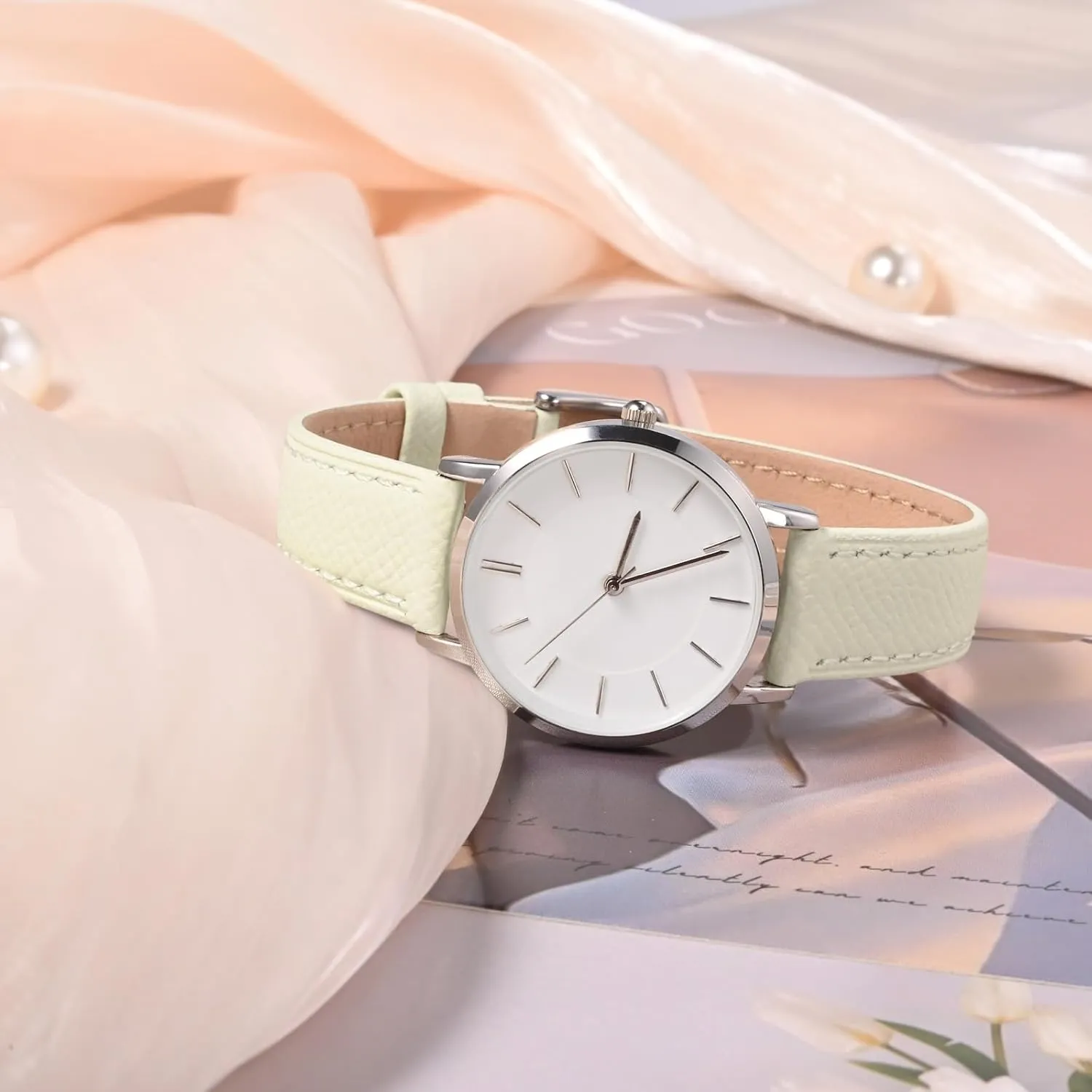 WOCCI 12mm Grace Watch Band for Ladies, Top Grain Leather, Quick Release Replacement Strap with Gold Buckle (Beige)
