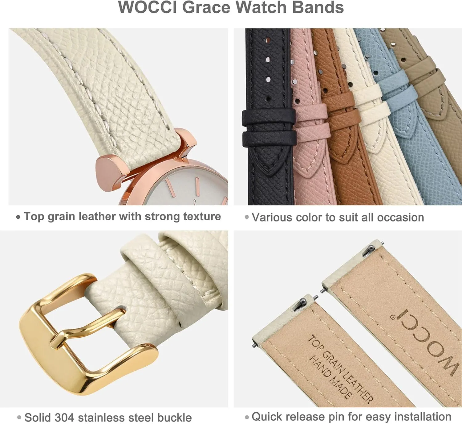 WOCCI 12mm Grace Watch Band for Ladies, Top Grain Leather, Quick Release Replacement Strap with Gold Buckle (Beige)
