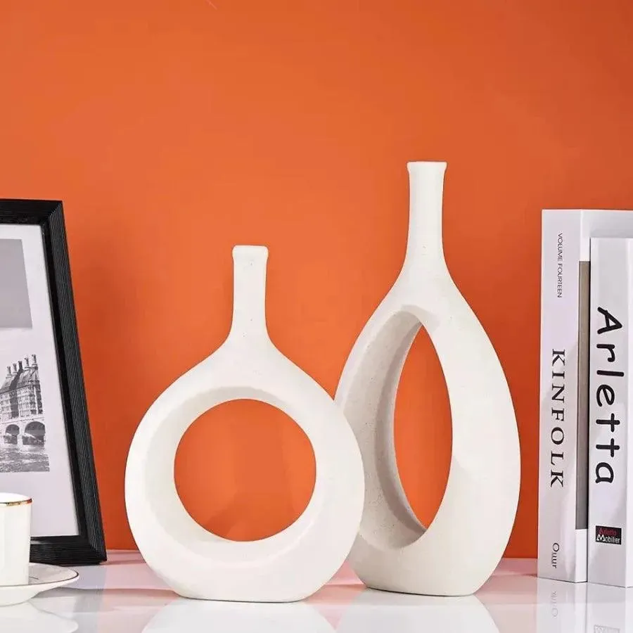 Wooden Twist Modern Oval  White Home Decor Ceramic Decorative Vase for Flowers Set of 2