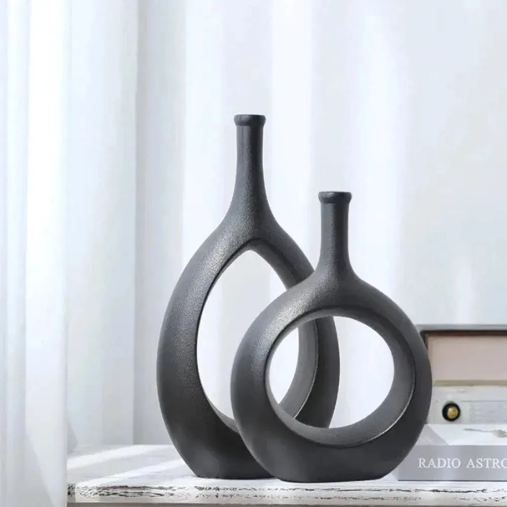 Wooden Twist Modern Oval  White Home Decor Ceramic Decorative Vase for Flowers Set of 2
