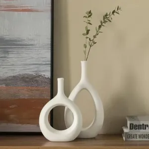Wooden Twist Modern Oval  White Home Decor Ceramic Decorative Vase for Flowers Set of 2