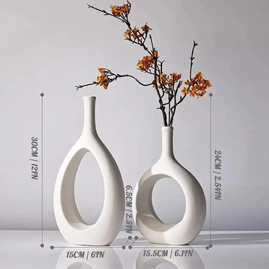Wooden Twist Modern Oval  White Home Decor Ceramic Decorative Vase for Flowers Set of 2