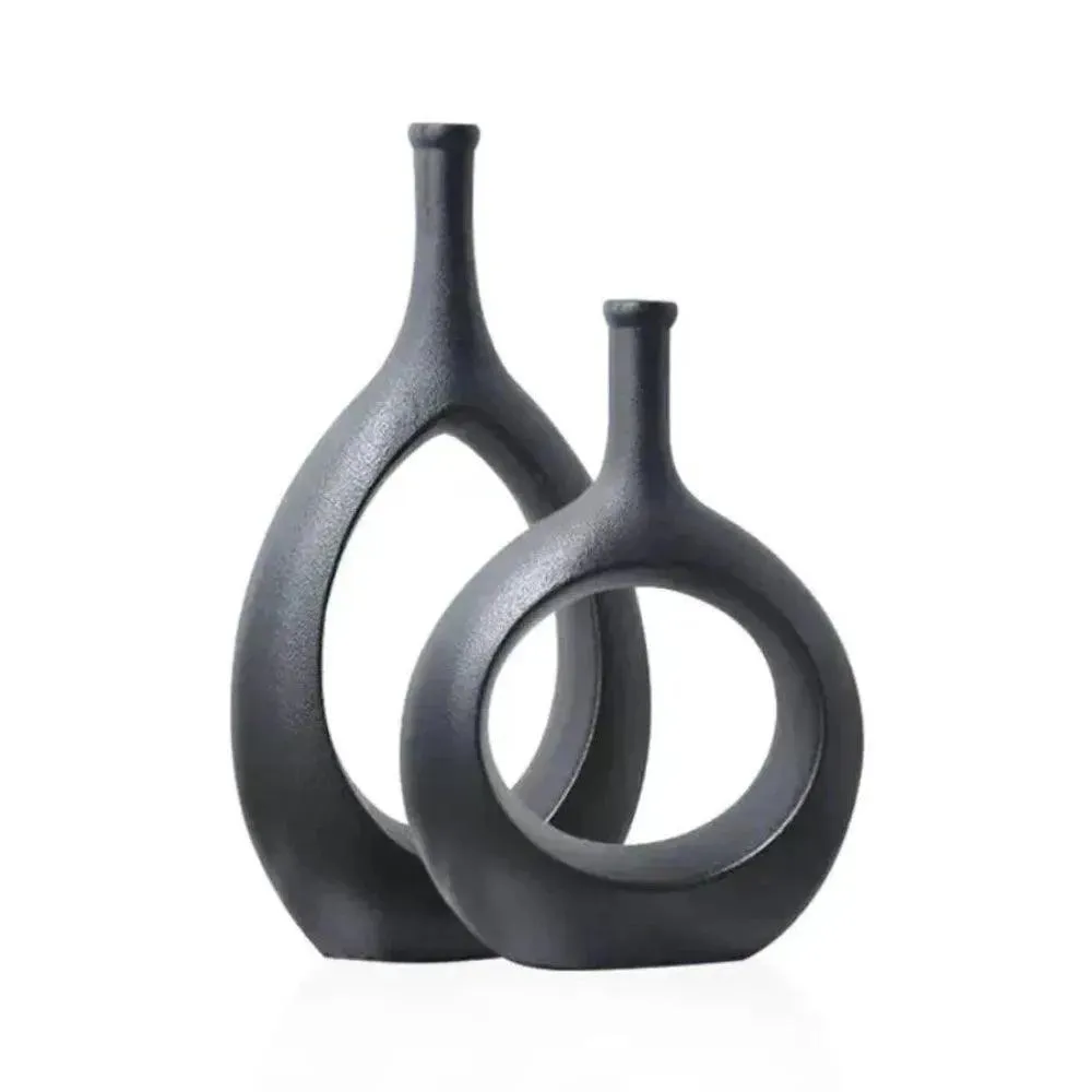 Wooden Twist Modern Oval  White Home Decor Ceramic Decorative Vase for Flowers Set of 2